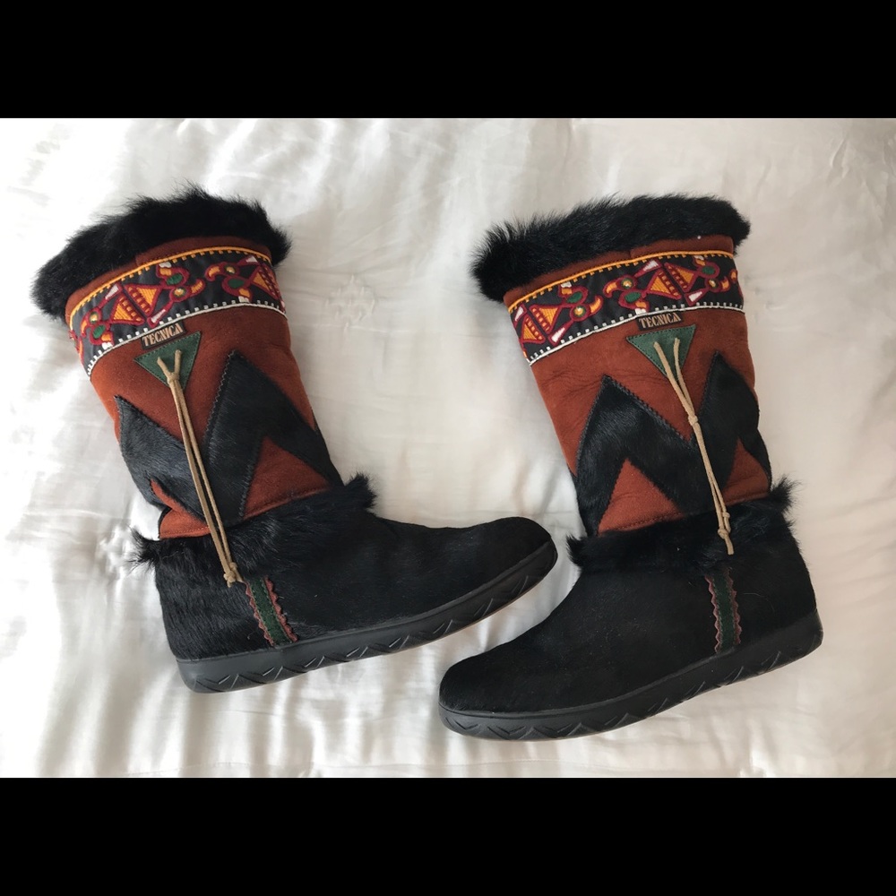 Vintage Tecnica Ski Apres Fur Boots Embroidered Bootie Size 9.5